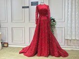 Long sleeves sequins lace mermaid with removable train emerald green maroon navy red prom dresses #112215