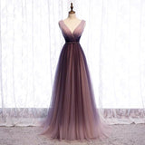 Purple pink v neck off shoulder tulle gradient prom dress - Anna's Couture Dresses