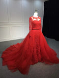 Red crystals beaded long sleeves lace appliqués tulle prom dress two pieces 2021