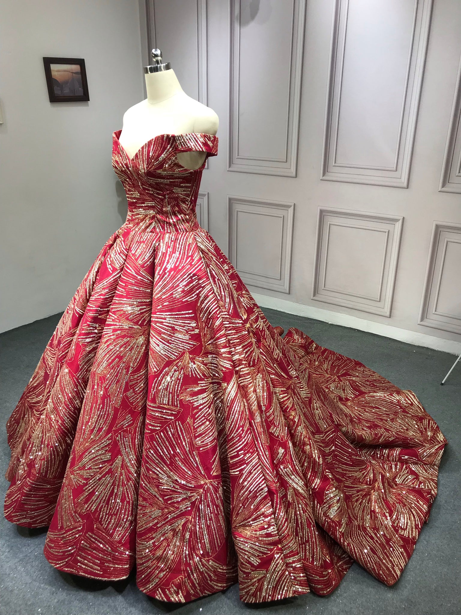 Red and gold glitter fabric sparkling red ball gown prom dress 2020