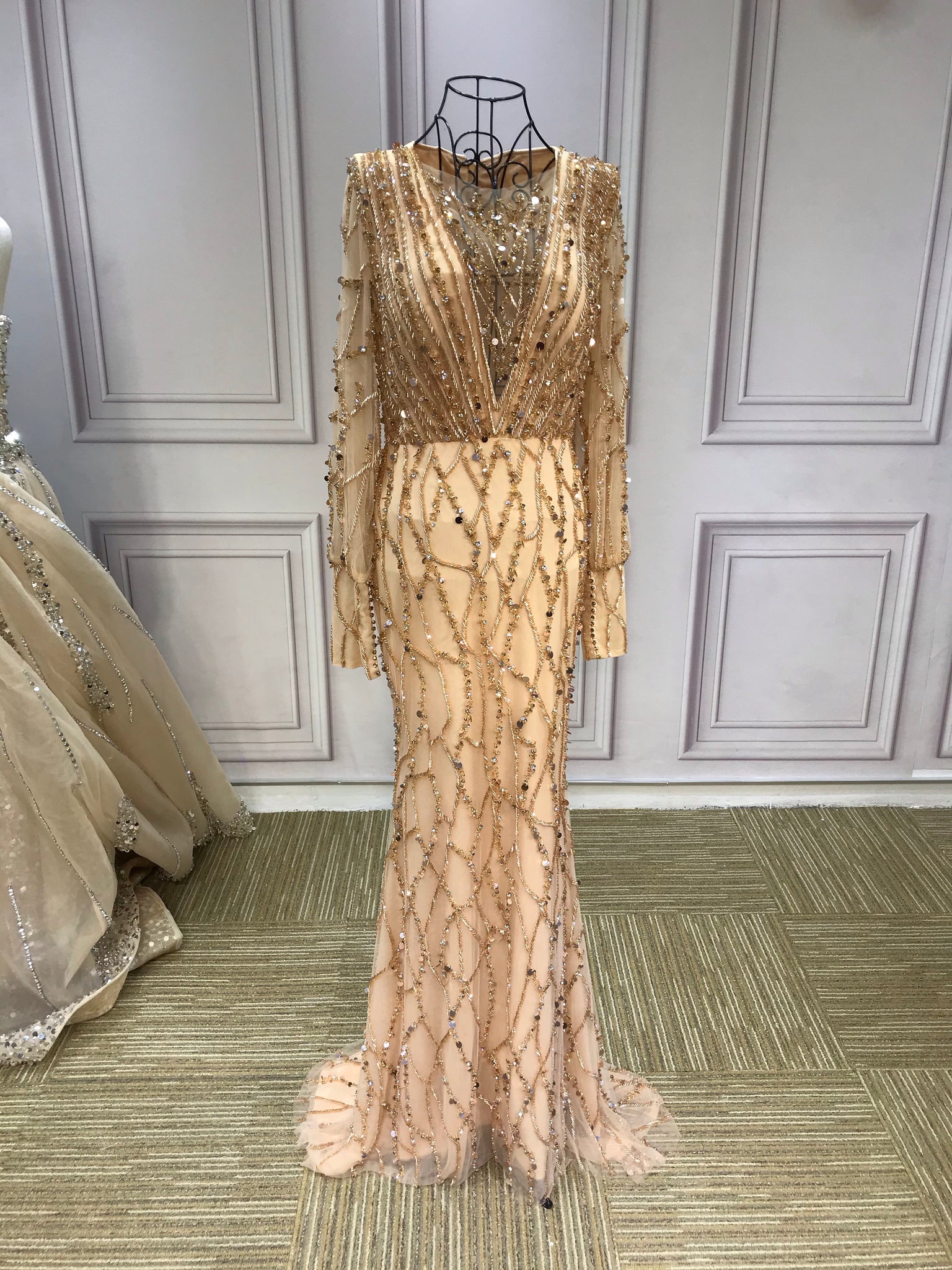 Muslim fashion long sleeves handmade beaded gold dusty pink crystals s Anna's Couture Dresses Muslim fashion long sleeves handmade beaded gold dusty pink crystals s Anna's Couture Dresses
