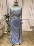 Chic handmade beaded dusty blue mermaid dress with side tail #2022824