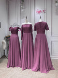 Off shoulder lace top plum orchid chiffon skirt full length maxi bridesmaid dresses