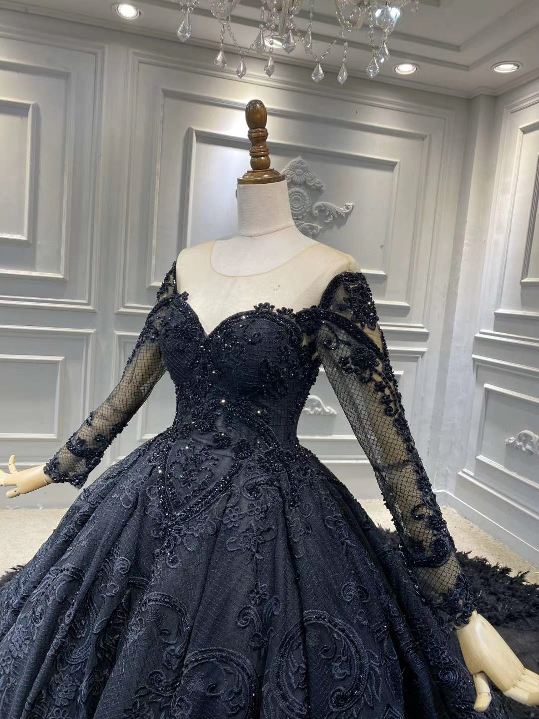 Unique long sleeves black lace sparkling glitter feathers ball gown we Anna's Couture Dresses Unique long sleeves black lace sparkling glitter feathers ball gown we Anna's Couture Dresses
