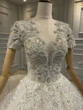 Luxurious short sleeves pearls beaded custom made wedding dress