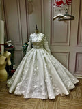 Luxurious high collar 3D lace appliqués flowers and glitter sparkling ball gown Muslim wedding dress 2021#112205