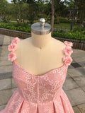 Pink lace ball gown prom dress with flowers embellishment