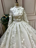 Luxurious high collar 3D lace appliqués flowers and glitter sparkling ball gown Muslim wedding dress 2021#112205