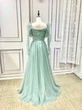Spaghetti straps sweetheart dusty mint sage green tulle prom dress 2024
