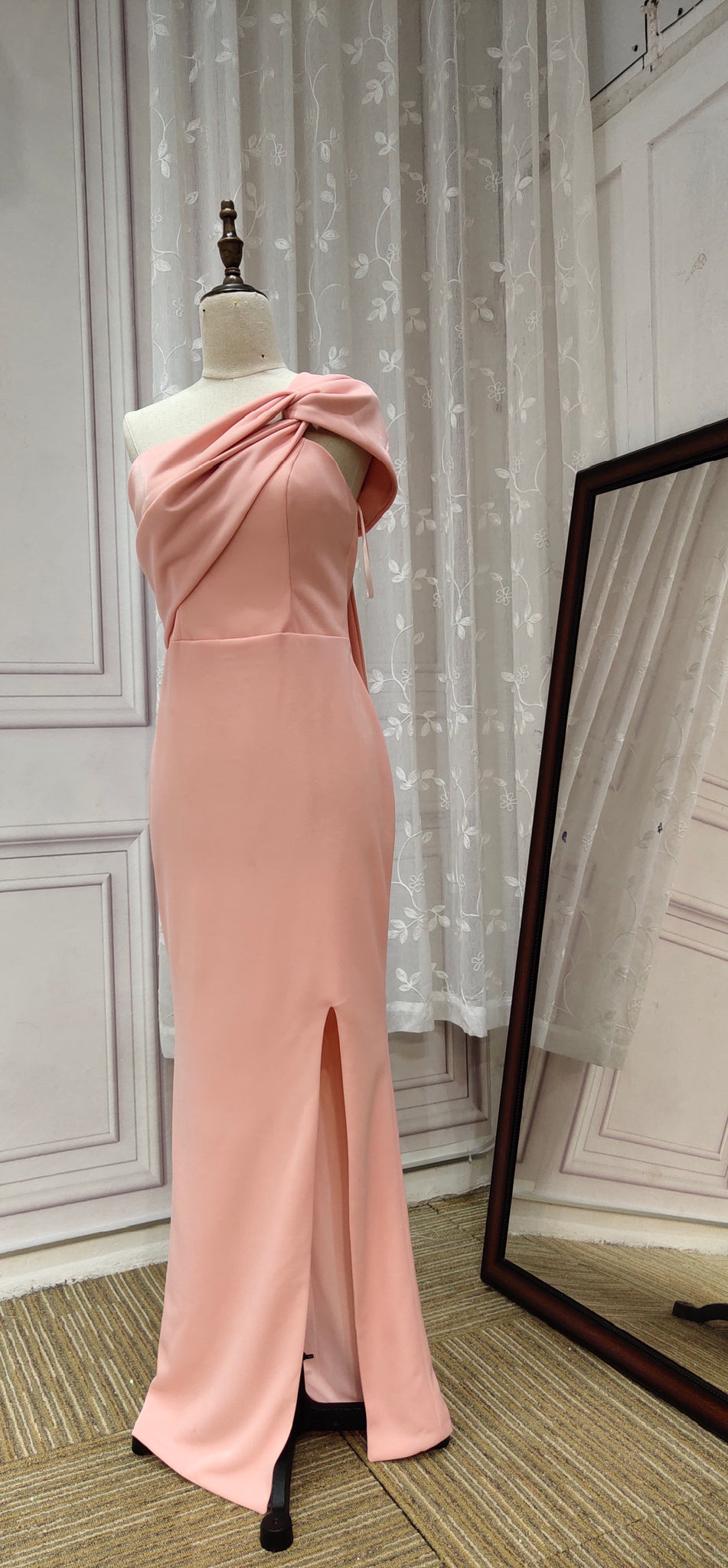 Off shoulder blush pink shiny bridesmaids dresses bodice slit 2020 Anna's Couture Dresses Off shoulder blush pink shiny bridesmaids dresses bodice slit 2020 Anna's Couture Dresses