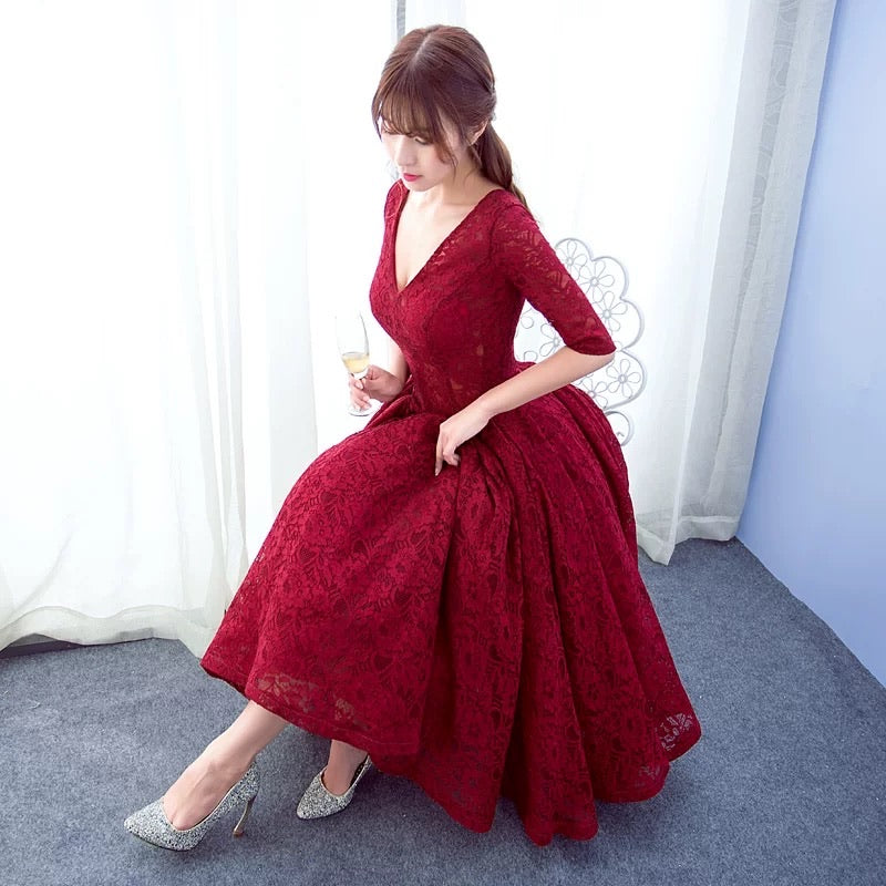 Long sleeves tea length puffy skirt red burgundy black blue pink prom   Anna's Couture Dresses