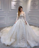 Long sleeves lace appliqués crystals pearls beaded champagne ball gown wedding dress