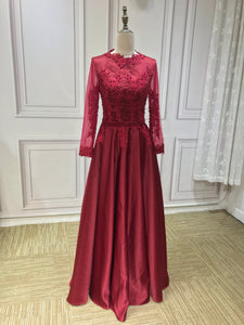 Long sleeves lace appliqués pearls beaded formal red prom muslim event occasion dress 2021 HD6151