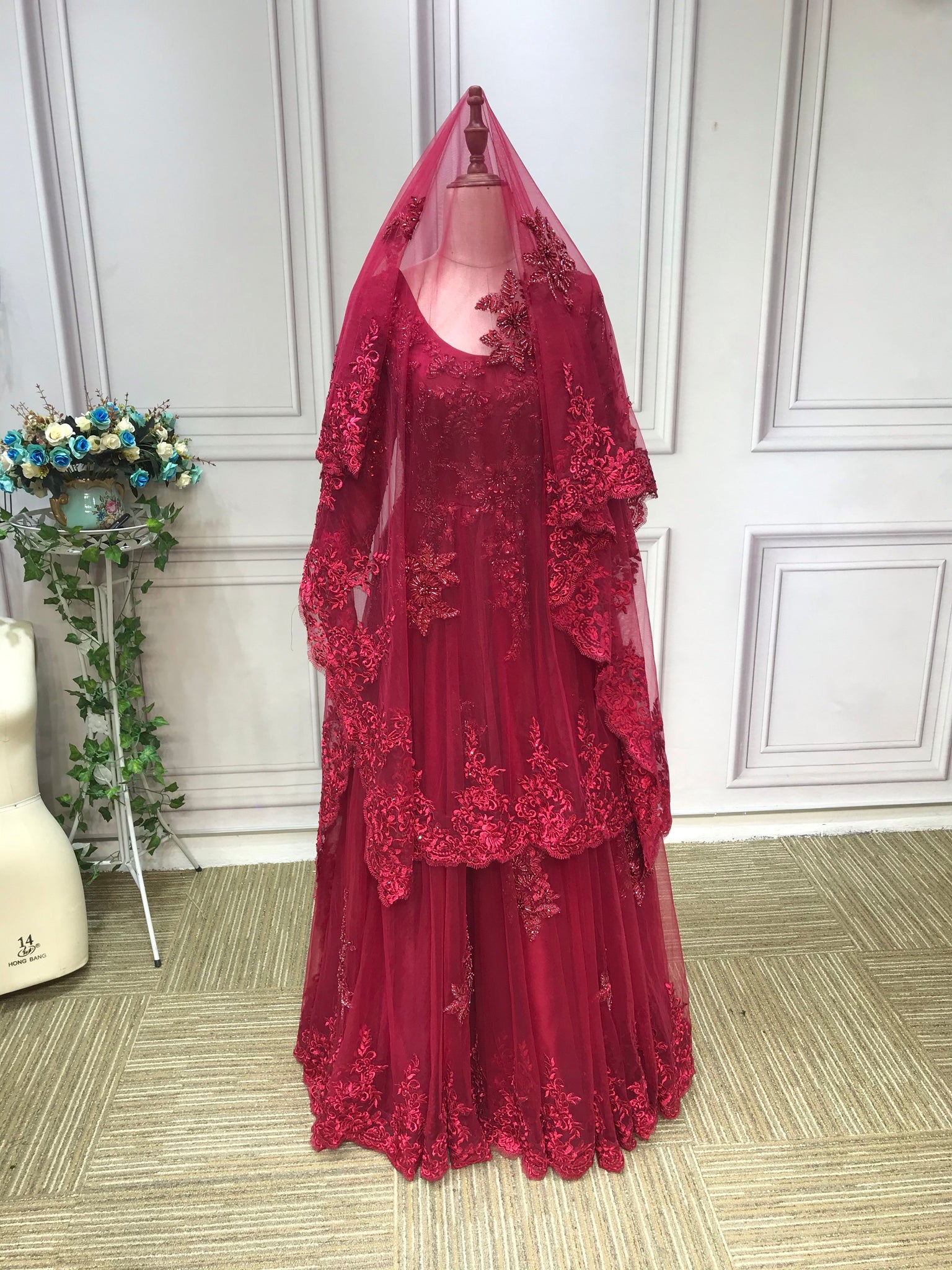 muslim red wedding dresses Plus Size Claret Red Muslim Wedding Dress 5501BR