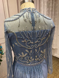 Chic handmade beaded dusty blue mermaid dress with side tail #2022824