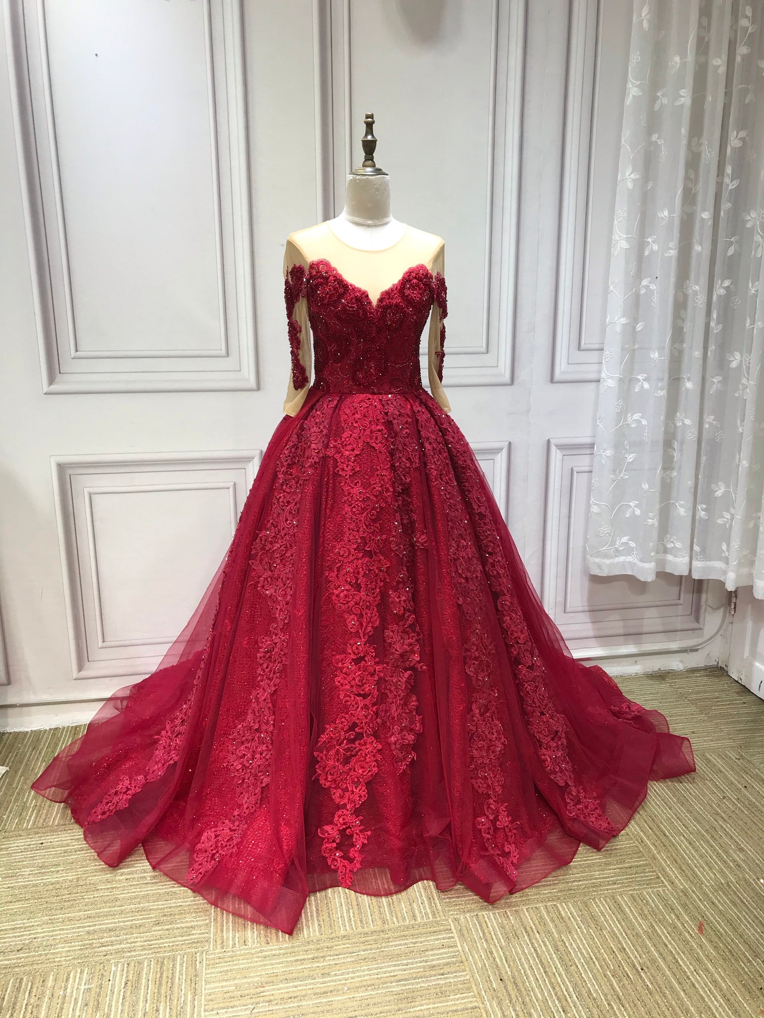 Luxurious burgundy red sweetheart long sleeves off shoulder ball skirt Anna's Couture Dresses Luxurious burgundy red sweetheart long sleeves off shoulder ball skirt Anna's Couture Dresses