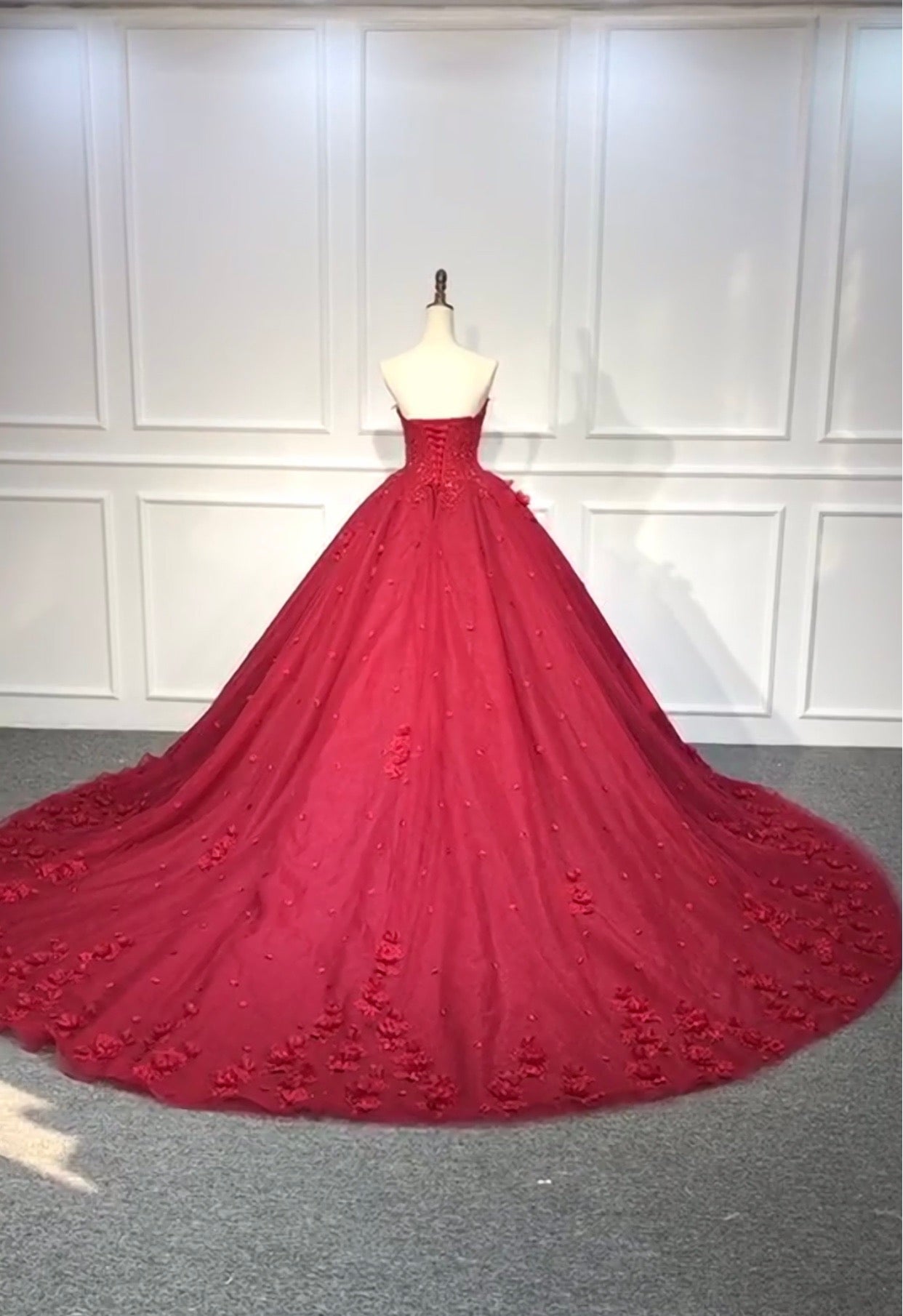 Red Satin and Tulle Long Ball Gown Formal Dress - Promfy