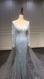 Blue sequins beaded couture mermaid fit and flare cape prom dress 2020