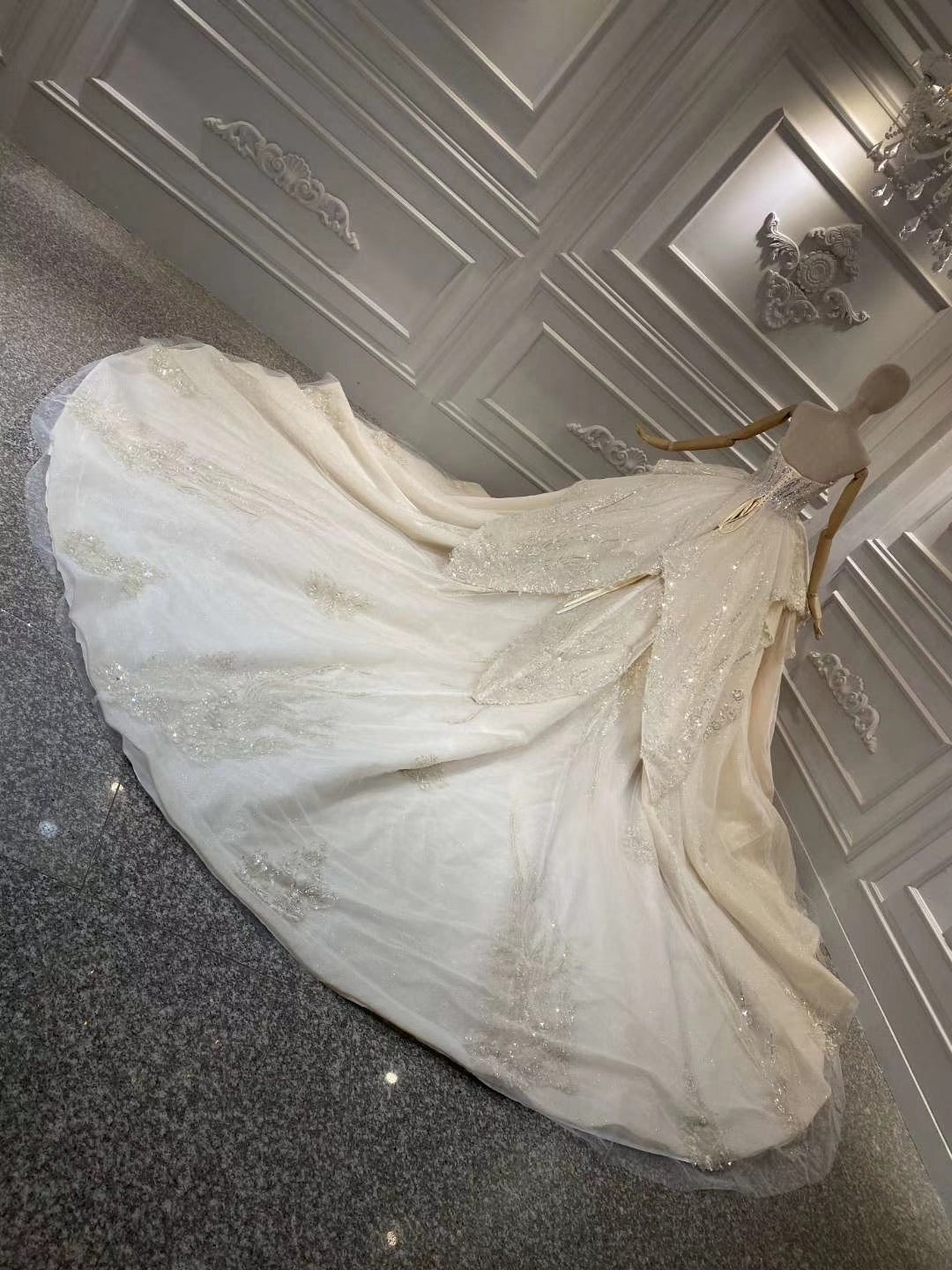 Luxury crystals pearls beaded cream beige champagne couture ball gown –  Anna's Couture Dresses