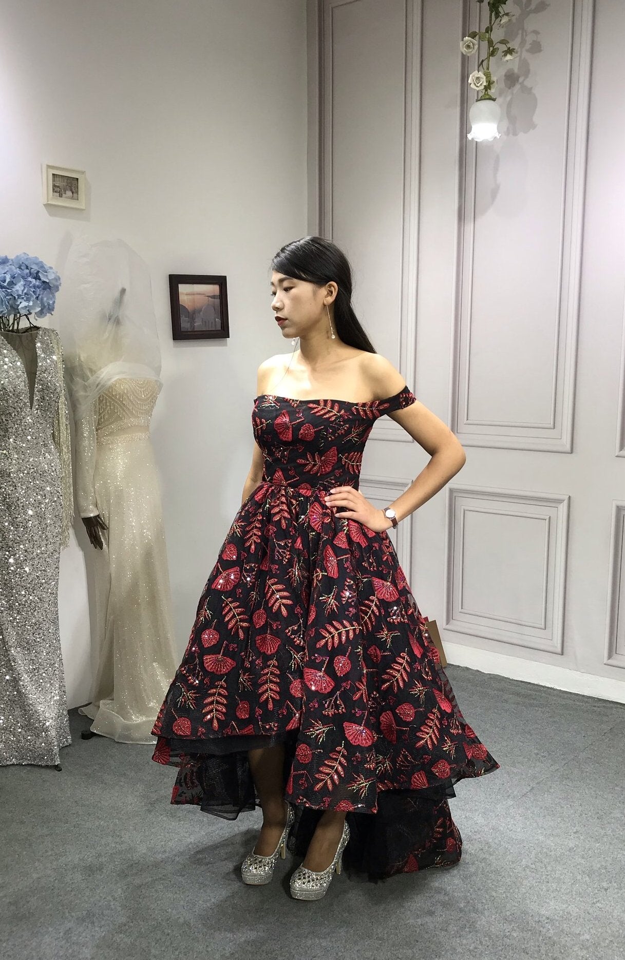 Chic black and red off shoulder hi low prom semi formal dress Anna's Couture Dresses Chic black and red off shoulder hi low prom semi formal dress Anna's Couture Dresses