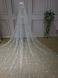 Pearls and floral cathedral length wedding veil 3 meters
