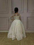 Long sleeves pearls and crystals beaded top ball gown flower little girl dress