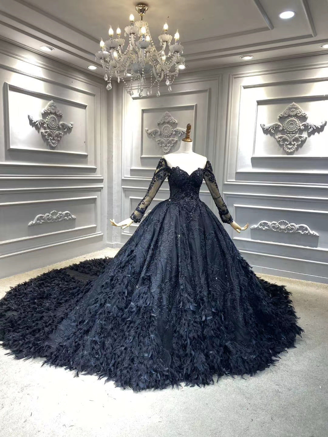 Unique long sleeves black lace sparkling glitter feathers ball gown we Anna's Couture Dresses Unique long sleeves black lace sparkling glitter feathers ball gown we Anna's Couture Dresses