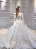 Long sleeves lace appliqués crystals pearls beaded champagne ball gown wedding dress