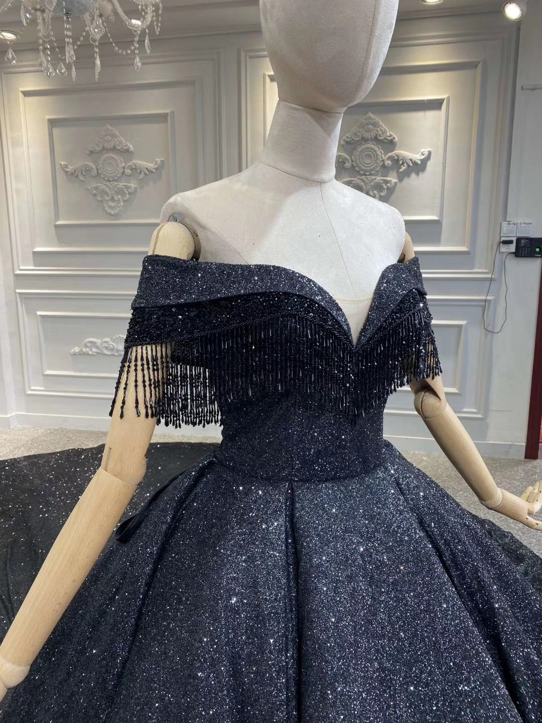 Off shoulder tassels beading black glitter fabric sparkling wedding go Anna's Couture Dresses Off shoulder tassels beading black glitter fabric sparkling wedding go Anna's Couture Dresses