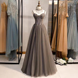 spaghetti straps dusty blue black pink and brown tulle prom dress - Anna's Couture Dresses