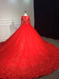 Red long sleeves lace appliqués tulle ball gown skirt wedding prom dress  2021 #112208