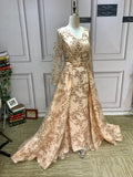 V neck long sleeves gold champagne sequins prom formal middle school dress with detachable train
