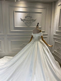Chic off shoulder shiny satin ball gown skirt wedding dress crystals pearls beaded top