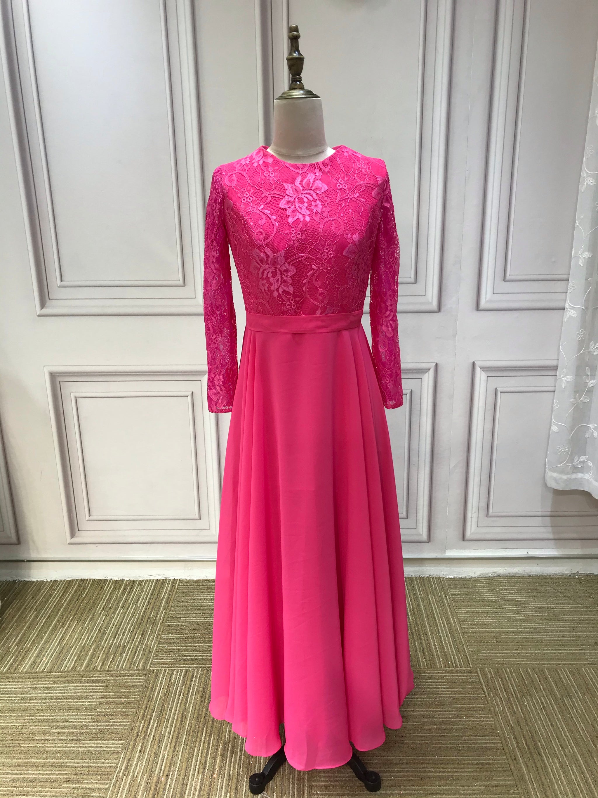 Long sleeves hot pink chiffon and lace little flower girl dress  Anna's  Couture Dresses