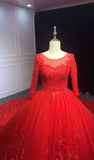 Red long sleeves lace appliqués tulle ball gown skirt wedding prom dress  2021 #112208