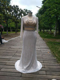 Long sleeves ivory glitter crystals tassels luxury mermaid prom dress 2020