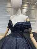 Off shoulder tassels beading black glitter fabric sparkling wedding gown 2020