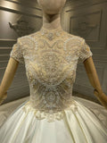 Chic high collar glamorous shiny satin ball gown skirt wedding dress crystals rhinestones pearls beaded top