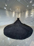 Off shoulder tassels beading black glitter fabric sparkling wedding gown 2020
