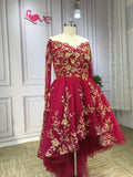 Luxury long sleeves red hi low ball gown prom dress with gold lace appliqués crystals rhinestones beaded 2020