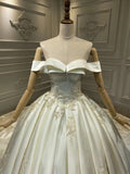Off shoulder matte satin lace appliqués crystals pearls beaded couture wedding dress 2020