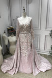 Luxurious crystals pearls rhinestones handmade beaded sparking long sleeves dusty pink dresses 2020