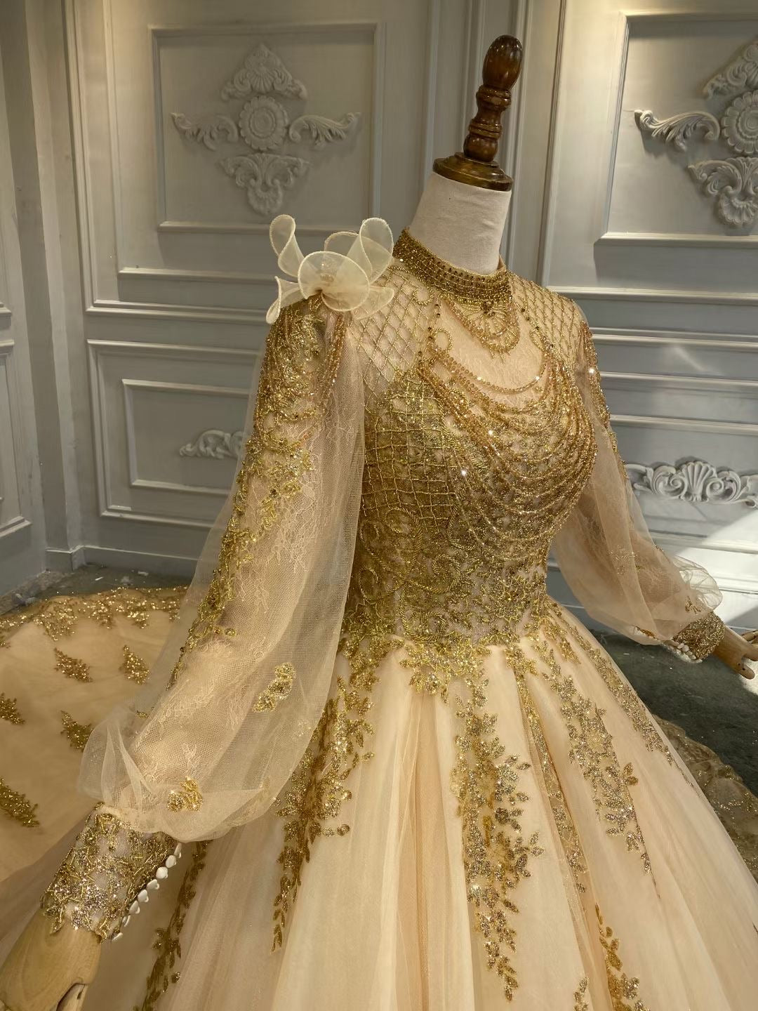 Unique gold sparkling lace appliqus Long sleeves glitter ball gown Mu   Anna's Couture Dresses
