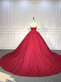 Fairytale dark red ball gown skirt 3D lace flowers wedding prom dress #112209
