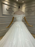 Off shoulder lace floral appliqués ball gown layers skirt wedding dress