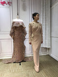 Chic champagne nude lace appliques beaded muslim semi formal graduation prom maxi dresses 2021#112213
