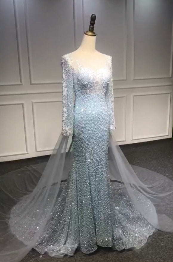 Long sleeves blue mermaid sequins prom dress 2020