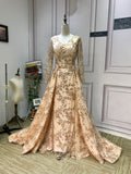V neck long sleeves gold champagne sequins prom formal middle school dress with detachable train