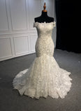 Ivory vintage off shoulder rhinestones beaded fir and flare mermaid lace wedding dress 2020