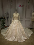 High collar long sleeves crystals pearls heavy beaded ball bridal wedding gown